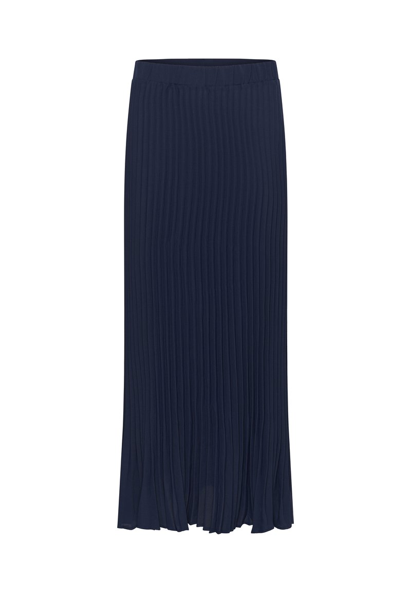 Navy blue maxi skirt with vertical pleats and elastic waistband, flowing hem, designed for women's fashion.