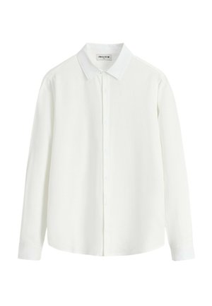 Chemise blanche à manches longues avec un col classique et des boutons sur le devant.