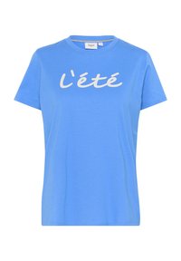 T-shirt en coton bleu à manches courtes avec le texte "l’été" en police cursive légère sur la poitrine. Couleur unie, col rond.