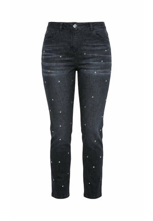 Schwarze Slim-Fit-Jeans mit silbernen Nietenverzierungen, die über die Vorderseiten der Beine verteilt sind. Die Jeans verfügt über Vordertaschen, Gürtelschlaufen und einen Knopfverschluss.