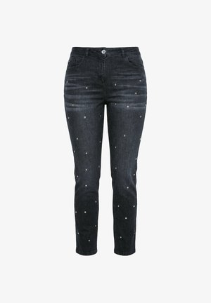 Sorte slim-fit jeans med sølvnitter spredt på forsiden af benene, med forlommer, bæltestropper og lukning med knap.
