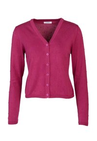 Fuchsia Cardigan aus weichem Strickmaterial, mit V-Ausschnitt, langen Ärmeln und pinken Knöpfen mit erhabener Punktstruktur.