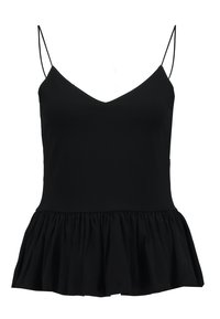 Top peplum negro con finas tirantes de espagueti, escote en V, textura suave y tela fruncida en la cintura que crea un diseño acampanado.