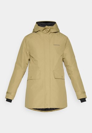 Svetlohnedá vodeodolná parka s kapucňou, predným zipsom, dvoma prednými vreckami a čiernou podšívkou. Má elastické manžety a rovný lem.