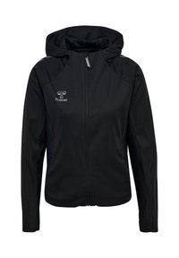 Schwarze Sportjacke mit Kapuze, Reißverschluss und Seitentaschen. Hat einen strukturierten Stoff und ein Logo im linken Brustbereich.