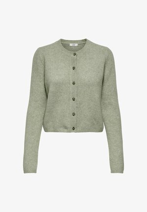 Jasnozielony krótki kardigan z miękkiego materiału, z długimi rękawami i zapięciem na guziki z okrągłym dekoltem oraz sześcioma guzikami.