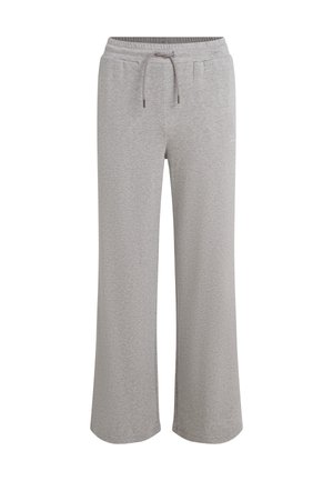 Grå, elastisk midja, vida byxor med dragsko. Tillverkade av mjukt, lätt material, med sidofickor och en avslappnad passform.