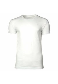 T-shirt blanc à manches courtes et col rond avec un petit logo "GANT" sur le côté gauche de la poitrine, présenté sur un fond blanc uni.