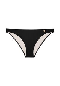 Bas de bikini noir avec un intérieur crème, présentant un tissu lisse, des coutures discrètes et un petit emblème doré sur le côté.