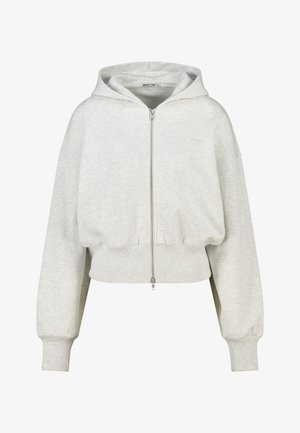 Vaaleanharmaa vetoketjullinen huppari, jossa on etutaskut, pitkät hihat, resorit hihansuissa ja helmassa sekä kiinnitetty huppu.