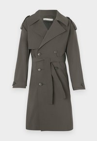 Gray trench coat made of lightweight fabric, featuring double-breasted buttons, a belted waist, and epaulettes on the shoulders.
