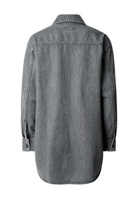 Grijze denim shirt met een kraagnek, lange mouwen en een licht afgeronde zoom. Heeft knoopmanchetten en een eenvoudig achterpand.