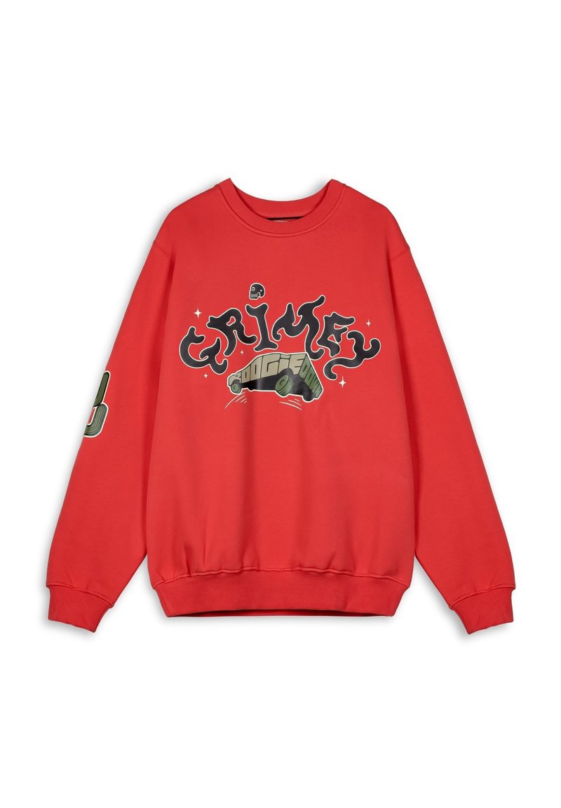 Rood sweatshirt met een zwarte "Grimey" graphic, inclusief een voertuigillustratie en accenten op de mouwen. Gemaakt van zachte katoen, met een ontspannen pasvorm.