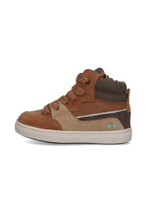 Bruin suède hoge sneakers met mesh accenten, rubberen zool, ronde neus, getextureerde panelen en lichtblauwe decoratieve stippen op de hak.