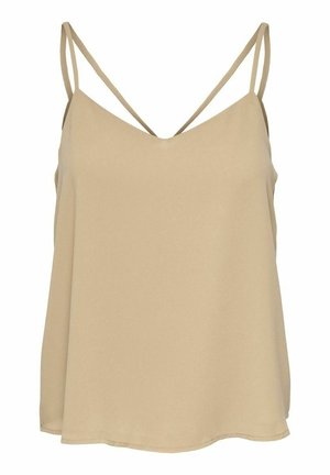 Débardeur beige sans manches avec double fines bretelles et un décolleté en V, confectionné dans un tissu léger et fluide.