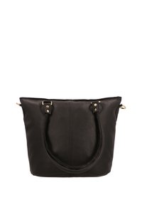 Sac fourre-tout en cuir noir avec deux courtes poignées, doté de quincaillerie en finition dorée et d'une surface texturée. Design simple et minimaliste.