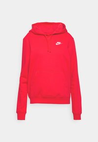 Sweat à capuche Nike rouge avec une poche avant, une capuche à cordon et un logo blanc. Il présente des manches longues et une texture douce et lisse.
