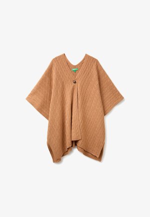 United Colors of Benetton, WIDE OPEN CAPE WITH BUTTON, ALL OVER CABLES STITCHES... - Poncho - beige