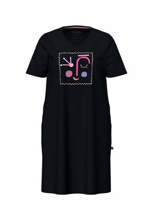 Ulla Popken, T-SHIRT DRESS, FACE PRINT, V-NECK, SHORT SLEEVE - T-shirtjurk - black