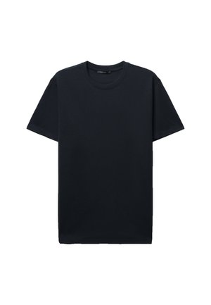 T-shirt noir à manches courtes en coton, avec un col rond et une coupe décontractée, présentant une texture lisse et unie.