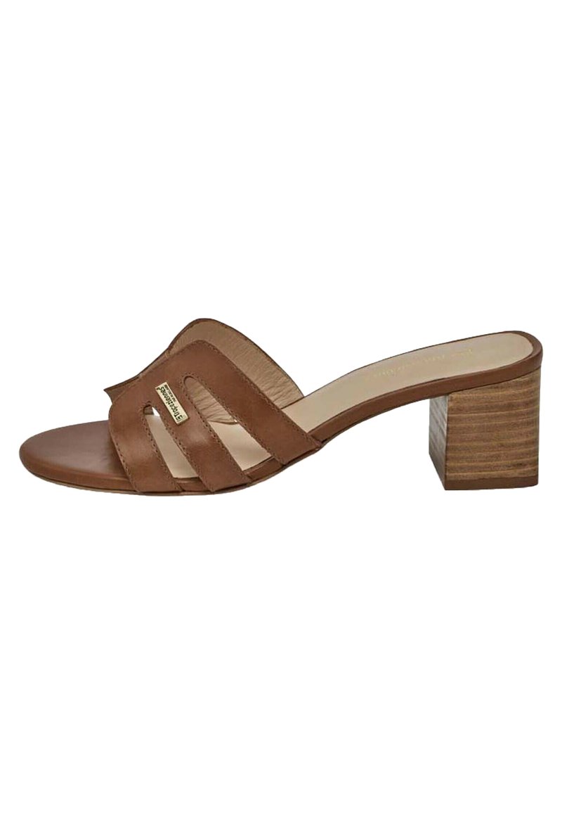 Brown leather slide sandal with three wide straps, a rounded toe, and a textured block heel. Interior features a smooth beige lining.