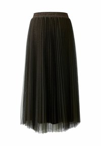 Black pleated skirt made of tulle, featuring a smocked waistband. It has a layered, flowing design with a soft texture and sheer finish.