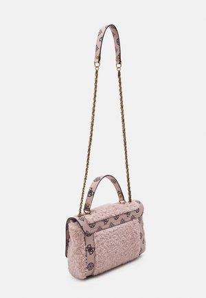 Soft pink rectangular handbag with textured fabric, patterned trim, short handle, and long chain strap with leather pad.