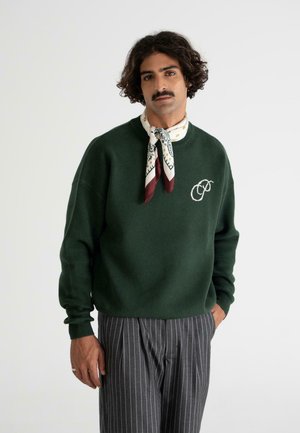 Man with dark curly hair and mustache wearing dark green sweater, patterned neck scarf, and gray pinstripe pants, standing against white background.