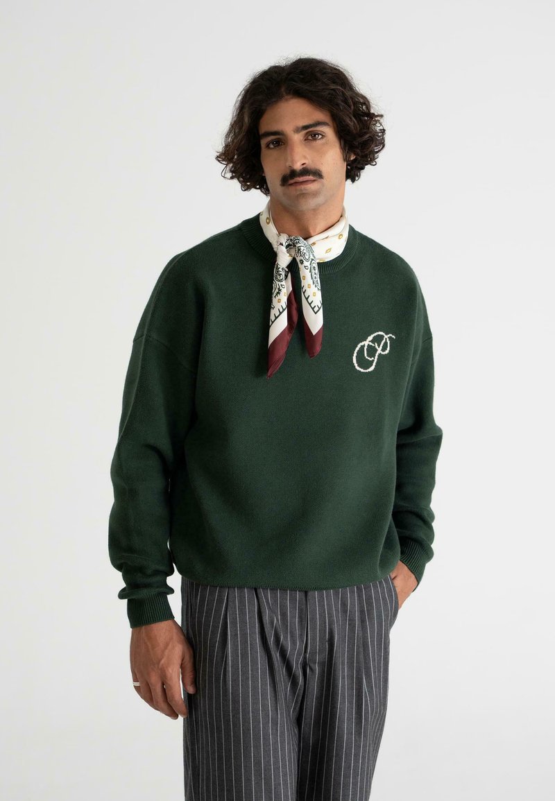 Hombre con cabello rizado oscuro y bigote, vistiendo un suéter verde oscuro, una bufanda de cuello con estampado y pantalones de rayas grises, de pie contra un fondo blanco.