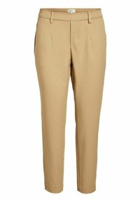 Béžové na míru šité kalhoty s elastickým pasem vzadu, poutky na opasek a předními švy, navržené pro slim fit.