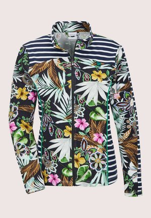 Damesjack met ritssluiting en hoge kraag, met marineblauwe en witte strepen op de schouders en mouwen, en een meerkleurige tropische bloemenprint.