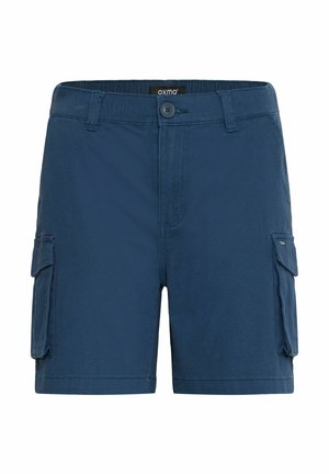 Temno modri cargo kratki hlače z gumbom za zapiranje, stranskimi žepi in gladkim bombažnim materialom ter sproščenim krojem.