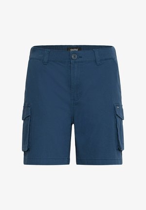 Navy blue cargo shorts featuring a button closure, side pockets, and a smooth cotton material with a relaxed fit.