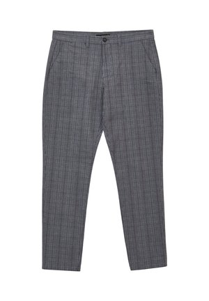 Grau-karierte Hose mit taillierter Passform, ausgestattet mit einem Knopfverschluss, seitlichen Taschen und dezenten, texturierten Linien, die in den Stoff integriert sind.