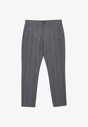 Grau-karierte Hose mit taillierter Passform, ausgestattet mit einem Knopfverschluss, seitlichen Taschen und dezenten, texturierten Linien, die in den Stoff integriert sind.