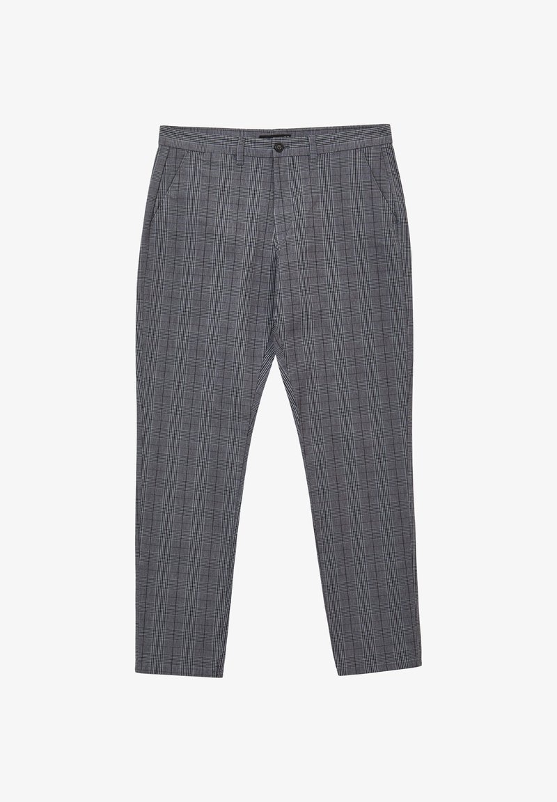 Pantaloni grigi a quadri con vestibilità sartoriale, dotati di chiusura con bottone, tasche laterali e sottili linee testurizzate integrate nel tessuto.