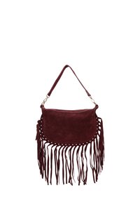 Borsa a spalla in suede bordeaux con dettagli in frange, forma arrotondata e tracolla. Presenta perforazioni decorative lungo il bordo superiore.