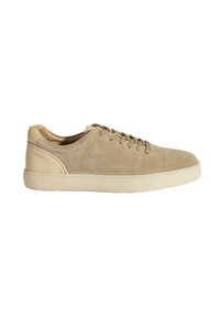 Baskets en suède beige clair avec un talon en cuir lisse, bout rond et laçage à cinq œillets. Texture douce, semelle en caoutchouc.
