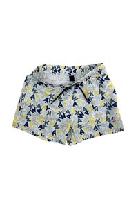 Costume da bagno con uno sfondo grigio chiaro e fantasie astratte in blu, giallo e verde. Vita elastica con un cordino nero.