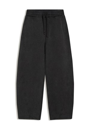 Black loose-fit sweatpants with elastic waistband and drawstring, featuring side pockets and straight legs.