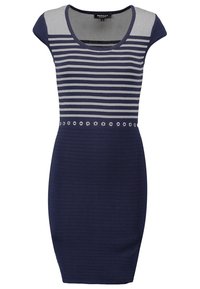 Robe ajustée bleu marine avec des rayures argentées horizontales en haut, texture côtelée sur la jupe, et œillets argentés décoratifs à la taille.