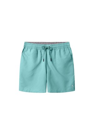Schwimmshorts aus leichtem türkisfarbenem Stoff mit elastischem Bund, Zugbandverschluss und seitlichen Taschen, mit einem dezenten Logo am Bein.