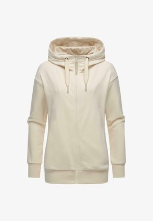 Beige zip-up hoodie with a high collar, drawstring, and ribbed cuffs. Soft cotton material with subtle logo on the chest.