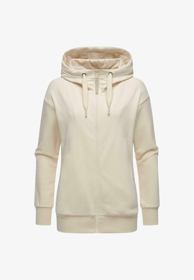Hoodie beige zippé avec un col montant, un cordon de serrage et des poignets côtelés. Matière en coton doux avec un logo discret sur la poitrine.