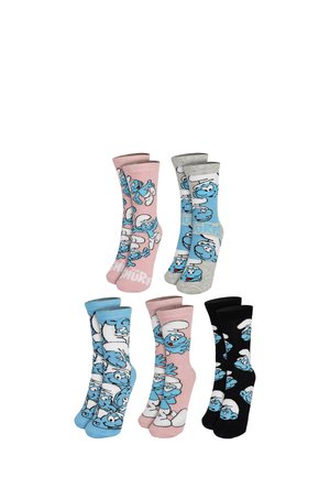 Vier Paare Baumwollsocken mit Cartoon-Designs: rosa, blau, grau und schwarz, mit Schlümpfe-Charakteren und unterschiedlichen Mustern.