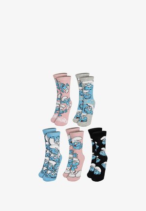Quattro paia di calzini di cotone con design cartoon: rosa, blu, grigio e nero, con personaggi dei Puffi e vari motivi.