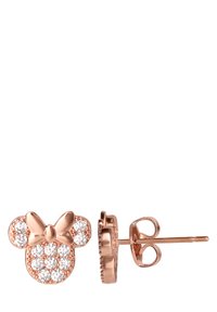 Boucles d'oreilles en or rose en forme de nœud avec un design de Minnie Mouse, ornées de strass transparents incrustés à la surface.
