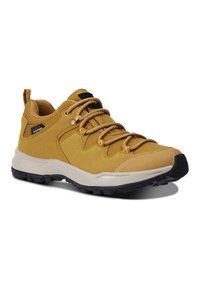 Zapato de hiking impermeable amarillo con parte superior texturizada, puntera redondeada, cordones y suela de goma con un patrón de dibujo para tracción.