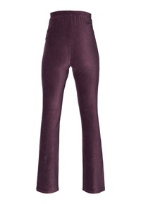 Pantalons évasés violets taille haute en velours doux. Ils présentent une taille lisse et extensible ainsi qu'une coupe ajustée et élégante.