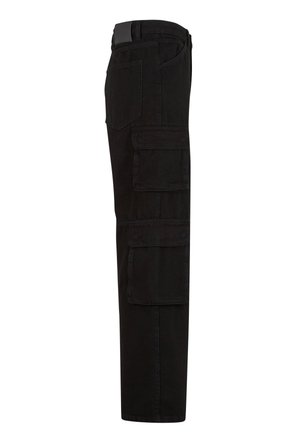 Black cargo pants with multiple large flap pockets, belt loops, and a straight leg cut shown from the side.